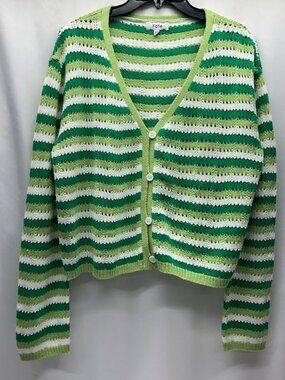 Green & White Striped Open Knit Button-Up Cardigan Sweater Size M Fate